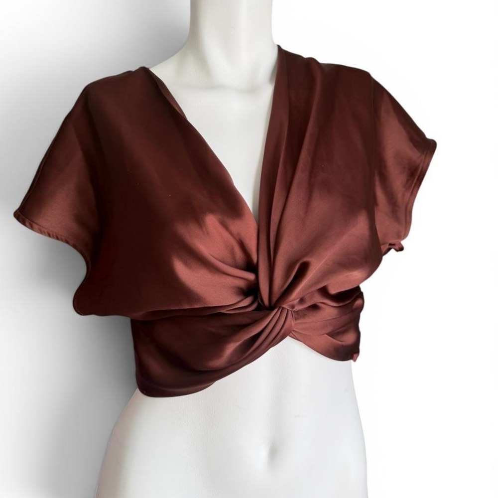 House of Harlow 1960 Chocolate Brown Satin Silky  Twist Front Drape Top XS
